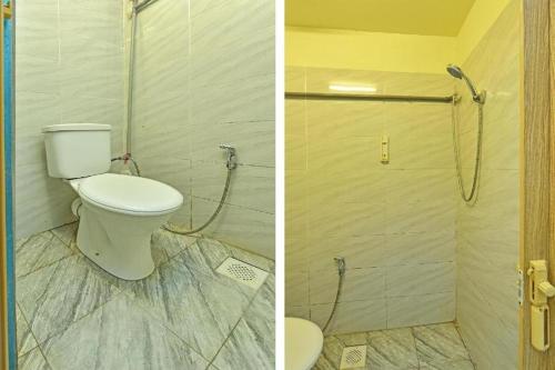 two pictures of a bathroom with a toilet and a shower at F Hotel Bayan Lepas in Bayan Lepas