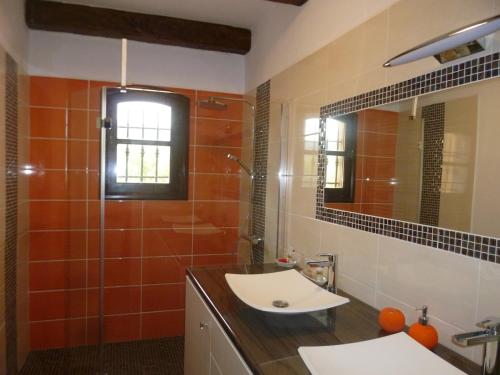 une salle de bain avec un lavabo et un miroir dans l'établissement Maison 2 chambres tout confort au calme, à Solliès-Toucas