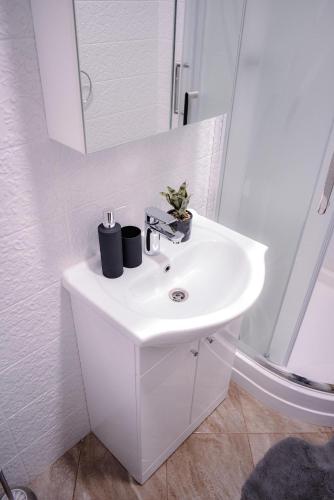 a white bathroom with a sink and a mirror at Vecās skolas nams in Gulbene