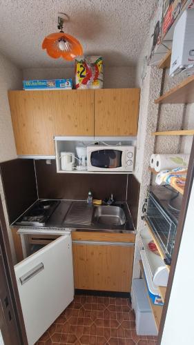 une petite cuisine avec un évier et un micro-ondes dans l'établissement Studio Vue Montagne, Skis aux pieds, Garage inclus, à Samoëns
