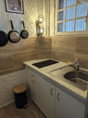 une cuisine avec un évier et un plan de travail dans l'établissement TRESOR LITTORAL, belle vue direct plage, à Argelès-sur-Mer