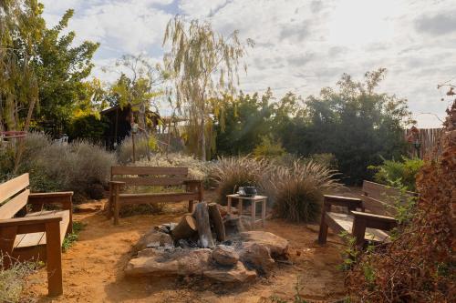two benches and a fire pit in a garden at ווילו בערבה in ‘En Yahav