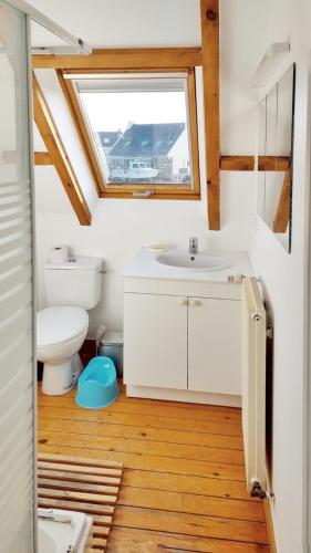 une salle de bain avec un lavabo et des toilettes et une fenêtre dans l'établissement Maison avec vue exceptionnelle et grand jardin, à Perros-Guirec