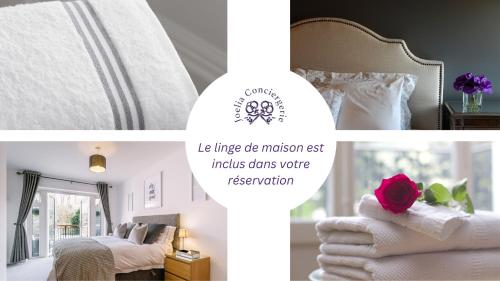 a collage of pictures of a bedroom with a bed and a rose at Studio lumineux centre proche plage - wifi in Le Touquet-Paris-Plage