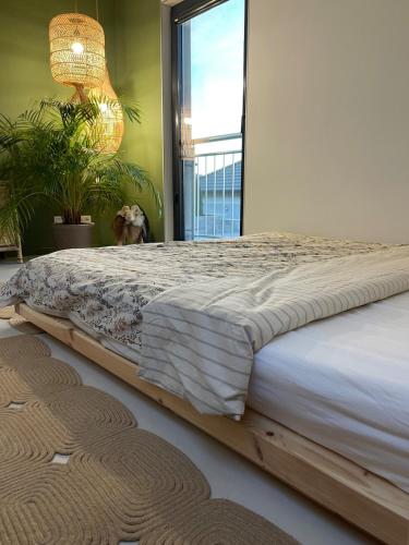 a large bed in a room with a dog sitting on it at U NÁS DOMA v LUŽICÍCH in Lužice