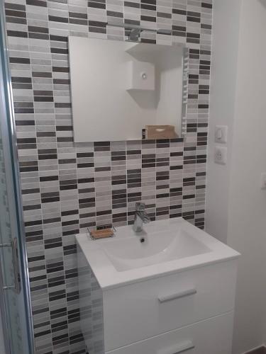 une salle de bain avec un lavabo blanc et un miroir dans l'établissement studio 5min airport Roissy CDG Charles de Gaulle, au Mesnil-Amelot