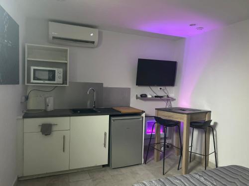 Il comprend une cuisine équipée d'un évier, d'un four micro-ondes et d'une table. dans l'établissement Le Studio de Lucie, à Villeurbanne