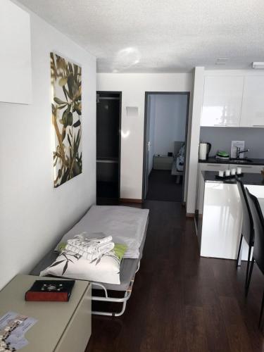 a small room with a bed and a kitchen at Haus Fleckstein Zermatt Wohnung Karibu in Zermatt