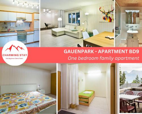 a collage of photos of a kitchen and a living room at Apartmenthaus Gauenpark - CharmingStay in Flumserberg
