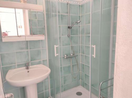 une salle de bain avec un lavabo et une douche dans l'établissement Maison 4 pièces 7 couchages ARGELES SUR MER AR000-007, à Argelès-sur-Mer