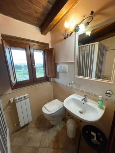 a bathroom with a sink and a toilet and a mirror at Masseria Rosella - Longhi in Pietrelcina
