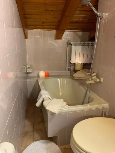 a bathroom with a bath tub and a toilet at Appartamento mansardato centrale Limone Piemonte in Limone Piemonte
