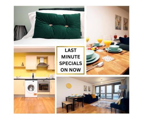 a collage of pictures of a kitchen and a living room at Hamilton Court Apartment for 4 Guests, Bright and Central Location with Balcony and Wi-Fi in Bristol