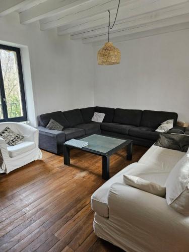 un salon avec un canapé et une table basse dans l'établissement Maison spacieuse avec piscine sans vis à vis 8 pers, à Latillé