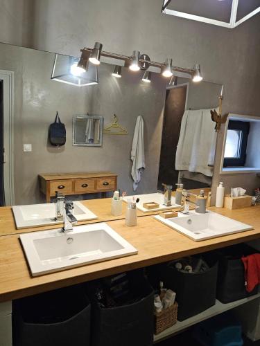 une salle de bain avec deux lavabos et un grand miroir dans l'établissement Maison spacieuse avec piscine sans vis à vis 8 pers, à Latillé