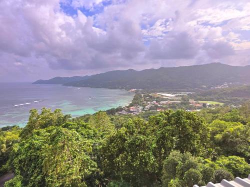 a view of the ocean from a hill with trees at Ocean Pearl Villa in Anse Royale