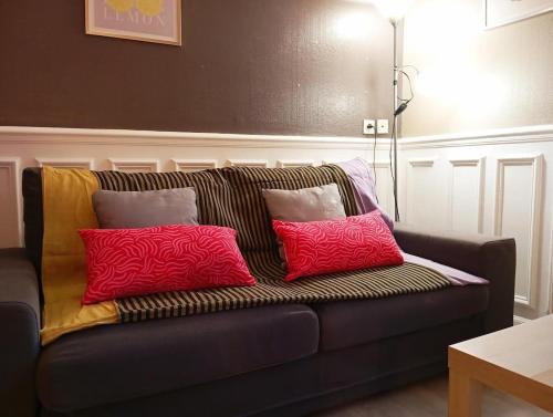 - un canapé noir avec 3 oreillers colorés dans l'établissement 510 hypercentre a proximité des principaux centres d'intérets de la ville, à Reims