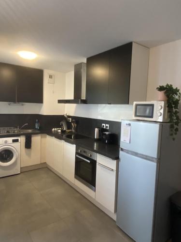 La cuisine est équipée d'un réfrigérateur blanc et d'un four micro-ondes. dans l'établissement Grand 2 pièces Eurométropole de Strasbourg proche Europa Park avec terrasse, à Plobsheim