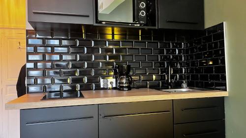 Il comprend une cuisine dotée d'un mur en carrelage noir et d'un évier. dans l'établissement Studio Versailles, à Versailles