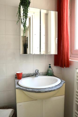 une salle de bain avec un lavabo et un miroir dans l'établissement Studio Plage, à Le Perrey