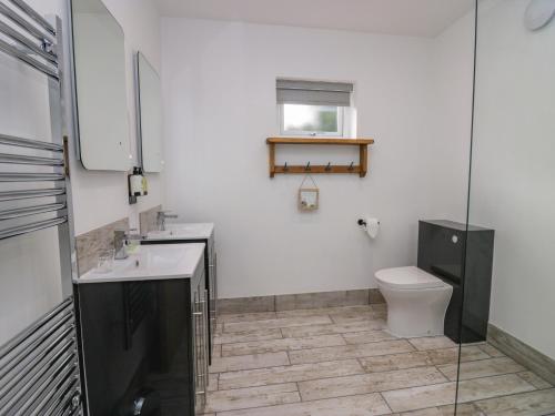 a bathroom with a toilet and a sink at Elderflower Lodge in Grange Over Sands