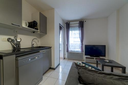 une cuisine et un salon avec un canapé et une télévision dans l'établissement Charmant appartement - Villeurbanne Centre, à Villeurbanne