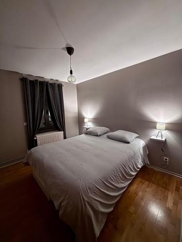 a bedroom with a large white bed with two lamps at Le Hourmigué maison avec jacuzzi à 15mn de Luchon in Cierp