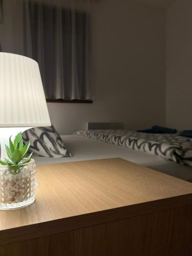 a lamp on a table next to a bed at Zgonjanin Wellness&Spa in Zlatibor