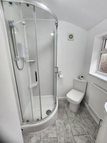 a bathroom with a shower and a toilet at Manor House walsall 2 in Walsall