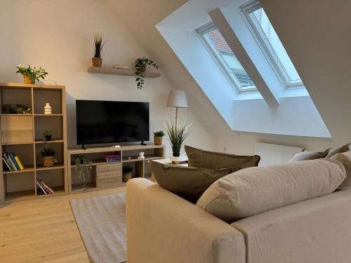 a living room with a couch and a flat screen tv at train station, Kahlenberg, historic, danube - Axara Housing FHG 20 in Vienna