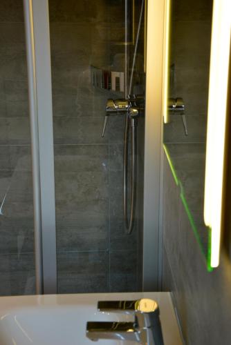 a bathroom with a shower with a glass door at Genusshotel Hirschen - Erholung im Grünen (Südschwarzwald) in Sallneck