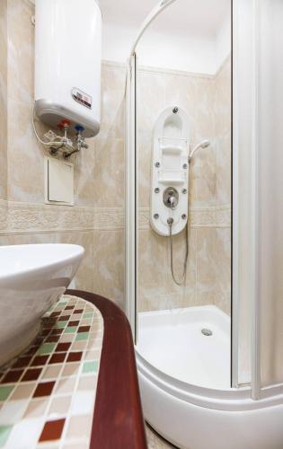 a bathroom with a shower with a toilet and a sink at Kyiv Sheikh's Apartment in Kyiv