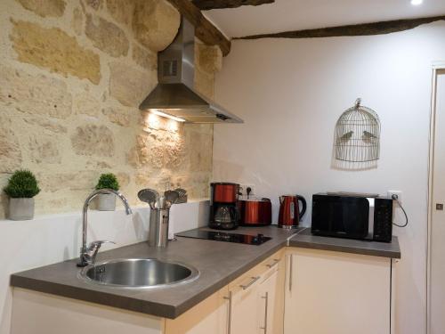 a kitchen with a sink and a microwave at La Petite Salamandre in Sarlat-la-Canéda