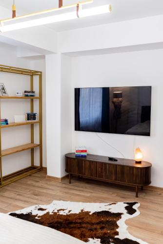 a living room with a large tv on a wall at Lady-s View in Floreşti
