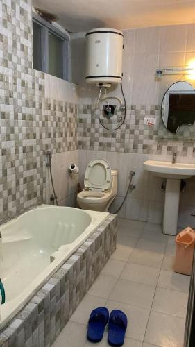 a bathroom with a tub and a toilet and a sink at Busybee Guest House in Srinagar