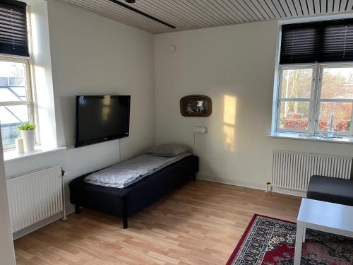 a room with a bed and a flat screen tv at Lunderskov og tæt på Legoland og Hansenberg veterinær in Lunderskov
