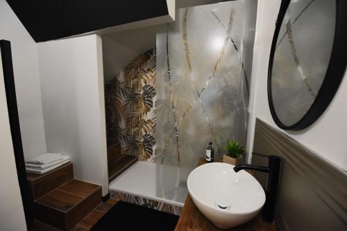 une salle de bain avec un lavabo blanc et une douche dans l'établissement Studio Rénové centre Riom au calme, à Riom