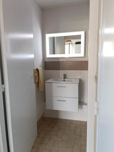 une salle de bain avec un lavabo et un miroir dans l'établissement Pavillon climatisé avec parking - 5 couchages - 5CIGAL27, à Saint Cyprien Plage