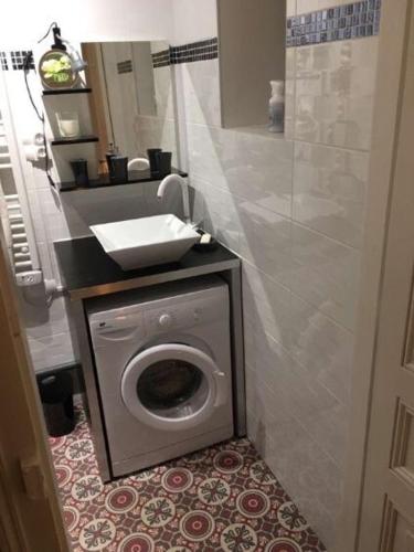 une salle de bain avec un lavabo et une machine à laver dans l'établissement jolie studio meublé 407, à Vittel