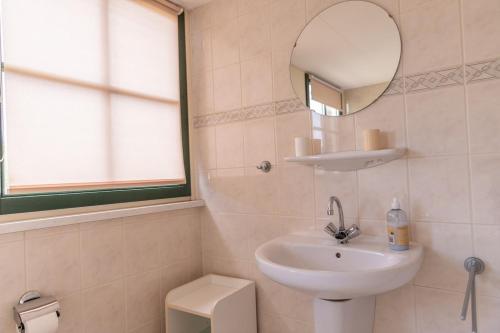 a bathroom with a sink and a mirror and a toilet at Buitenplaats 105 in Callantsoog