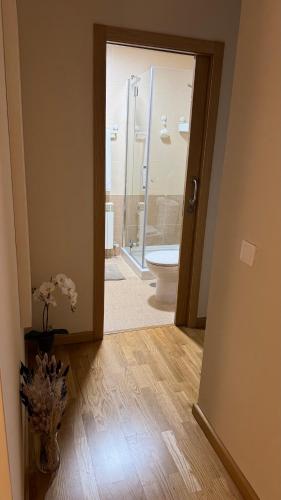 a bathroom with a toilet and a door to a bathroom at Apartamentos Suites Iscar in Iscar