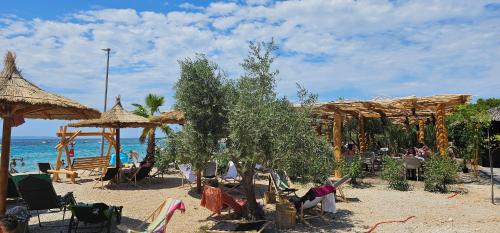 a beach with chairs and umbrellas and the ocean at Apartment Tonci in Novalja