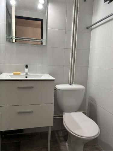une salle de bain blanche avec des toilettes et un lavabo dans l'établissement SP320-457 Mais studio cab mezz 4 couchages SAINT PIERRE LA MER, à Saint Pierre La Mer