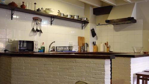 a kitchen with a counter top and a microwave at El Balcon del Horreo in Piloña