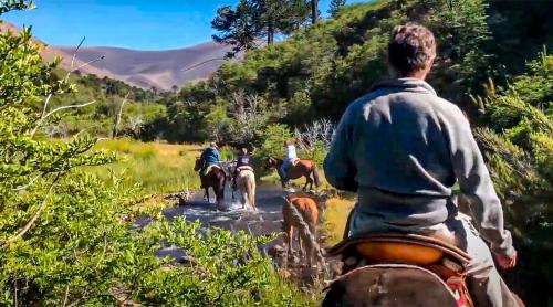 a group of people riding horses down a dirt road at K10 Lodge in Curacautín