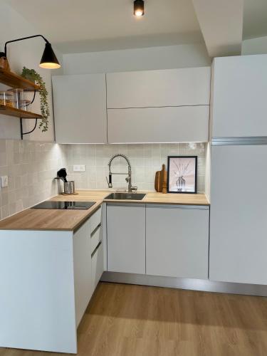 une cuisine avec des armoires blanches, un évier et un réfrigérateur dans l'établissement Cosy 1 Bedroom Place Massena, à Nice