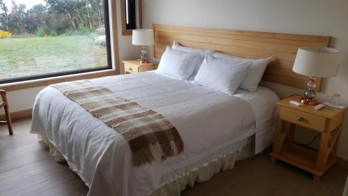 a bedroom with a large bed with a large window at Hotel Nubes de Quinchao in Quinchao