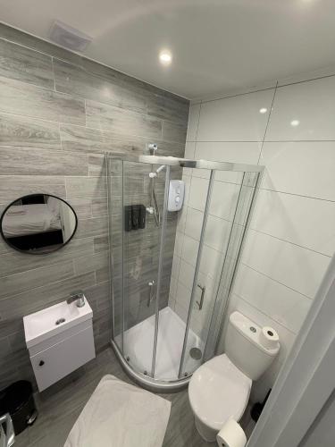 a bathroom with a shower and a white toilet at Letzi Ensuite, 15 Min to Heathrow, Fast WiFi in Hayes