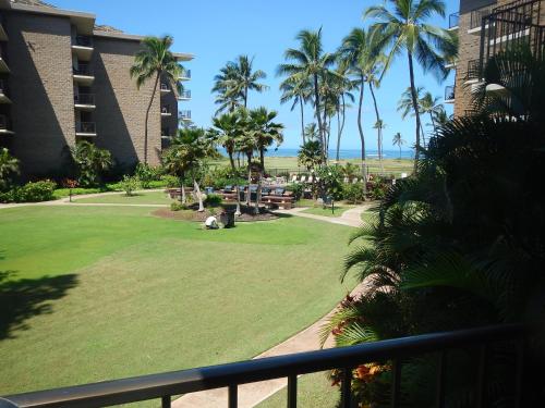 a view of a park with palm trees and the ocean at Kauhale Makai Condo on the Beach in Kihei