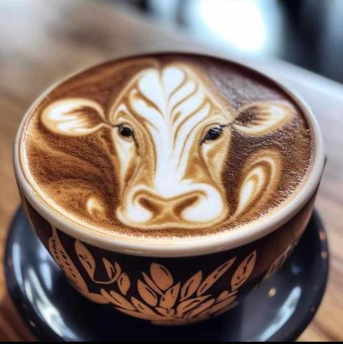 a cup of coffee with a picture of a cow on it at REBERO RESORT Ltd in Kigali